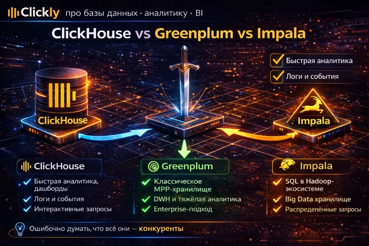 ⚔️ ClickHouse vs Greenplum vs Impala
🔥 Главная мысль
Эти 3 системы сравнивают очень часто.
Но главный вопрос тут не «кто лучше?»
Главный вопрос:
для какой задачи какая система подходит лучше | Сетка — социальная сеть от hh.ru