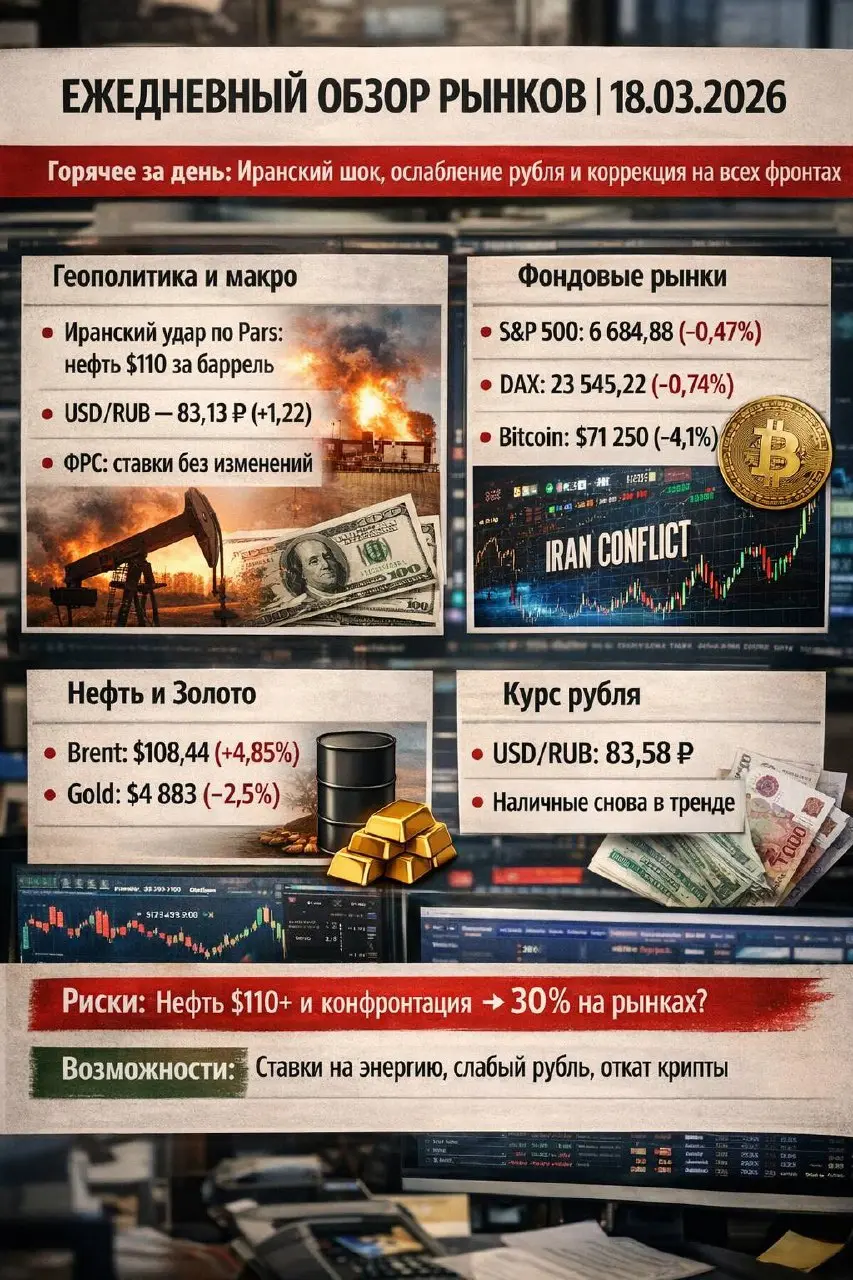 📅 ЕЖЕДНЕВНЫЙ ОБЗОР РЫНКОВ | 18.03.2026
🚨 Горячее за день: Иранский шок, ослабление рубля и коррекция на всех фронтах
Добрый вечер, подписчики! Сегодня геополитика снова диктует правила игры | Сетка — социальная сеть от hh.ru