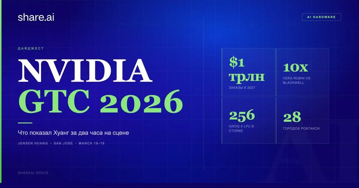 GTC 2026: что показал Хуанг за два часа на сцене
NVIDIA провела главную AI-конференцию года в Сан-Хосе. Шесть вещей, которые стоит знать.
🟢Vera Rubin. Новая архитектура: 7 чипов, 5 стоечных систем | Сетка — социальная сеть от hh.ru