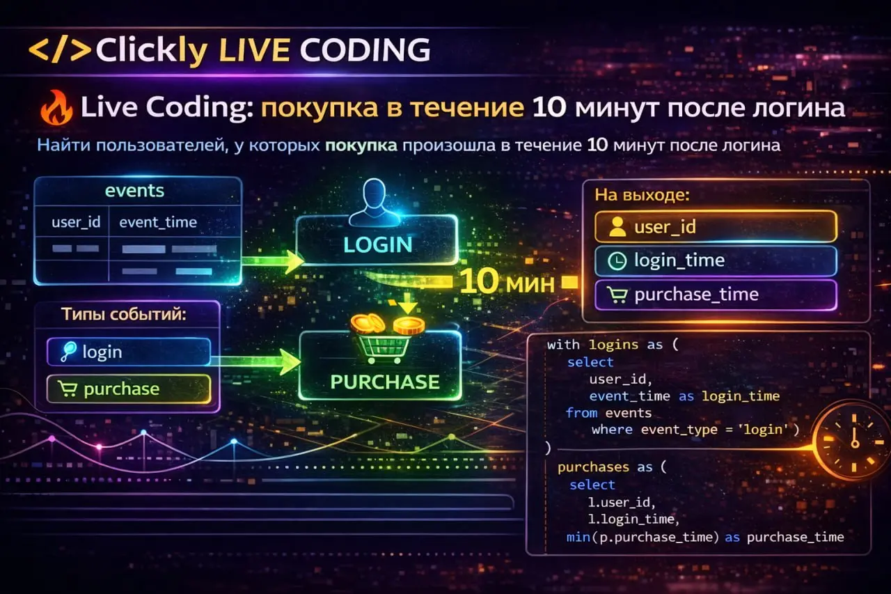 🔥 Live Coding: покупка в течение 10 минут после логина
Задача:
Есть таблица events:
• userid
• eventtime
• eventtype
Типы событий:
• login
• purchase
Нужно найти пользователей, у которых покупка произ... | Сетка — социальная сеть от hh.ru