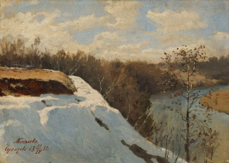 “Весенний снег”
Киселев Александр (1881)
Этюд исполнен с натуры в Черкизове 19 апреля 1881 года, о чем свидетельствует авторская надпись | Сетка — социальная сеть от hh.ru