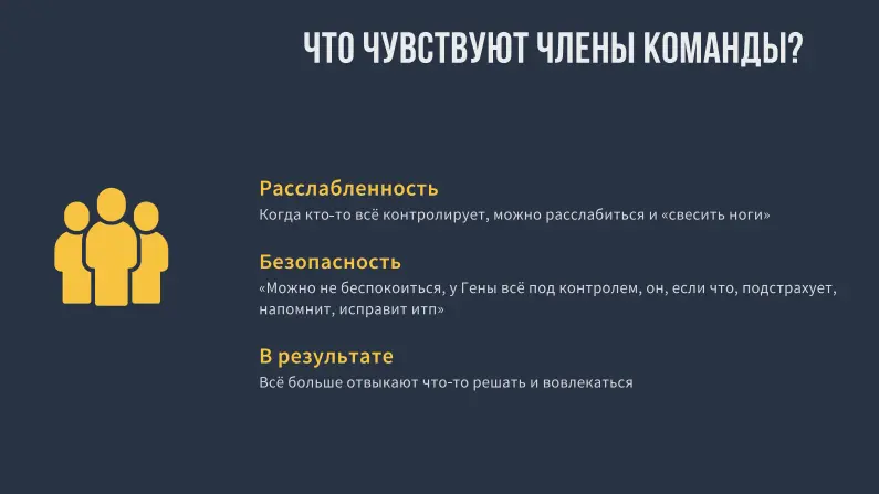 Кейс 2. Когда все встречи (и решения) тянет на себе лид команды
Суть проблемы в том, что Гена все "завязывает" на себе, и не отдаёт команде никакой ответственности ни за что | Сетка — социальная сеть от hh.ru