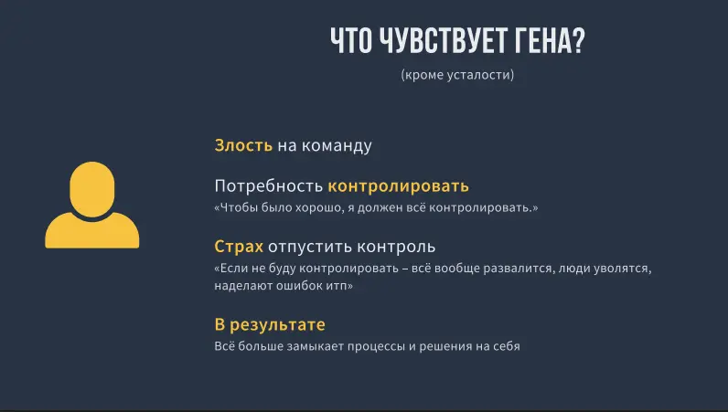 Кейс 2. Когда все встречи (и решения) тянет на себе лид команды
Суть проблемы в том, что Гена все "завязывает" на себе, и не отдаёт команде никакой ответственности ни за что | Сетка — социальная сеть от hh.ru