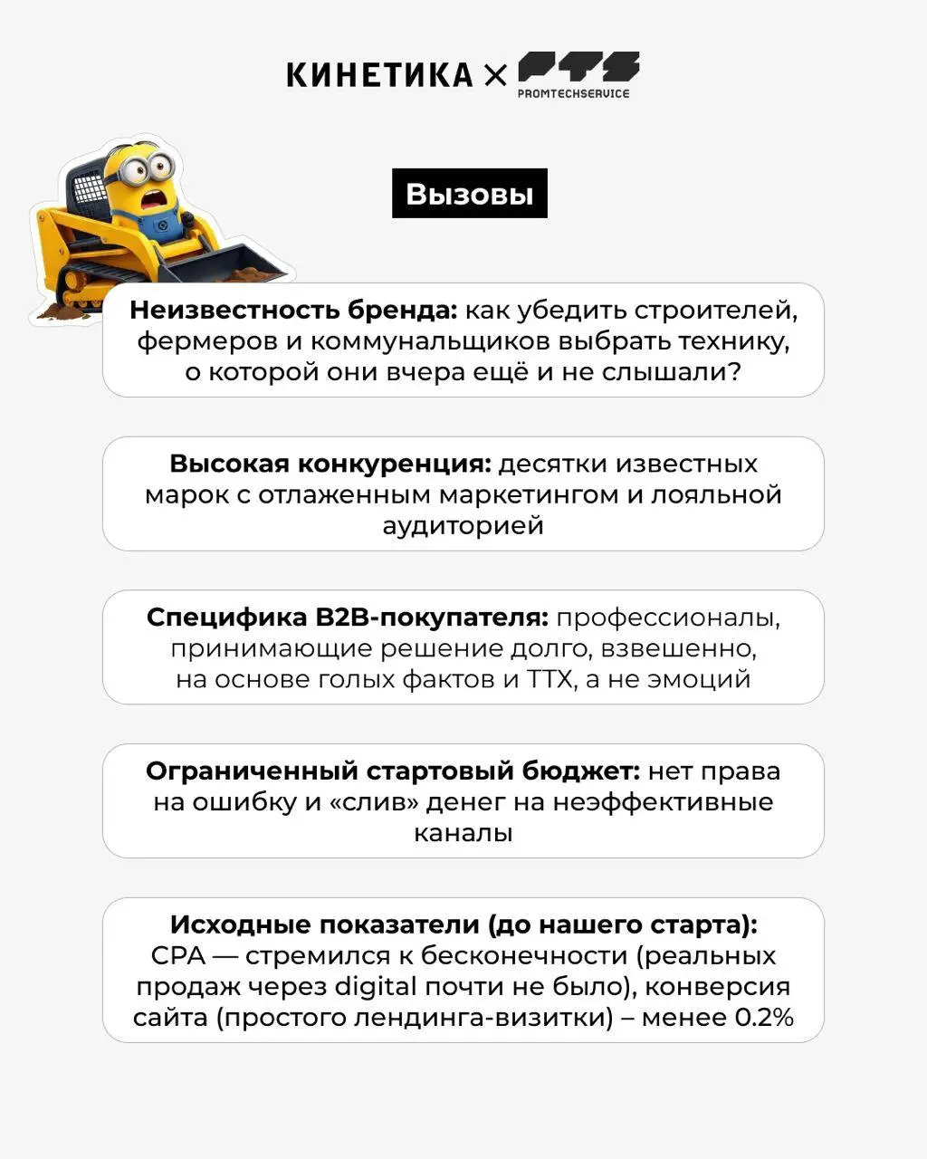😎 Новый бренд и рынок, где уже всё занято. Как тут вообще продавать?
К нам пришел "ПромТехСервис"
с задачей запустить продажи новой линейки мини-погрузчиков с нуля | Сетка — социальная сеть от hh.ru