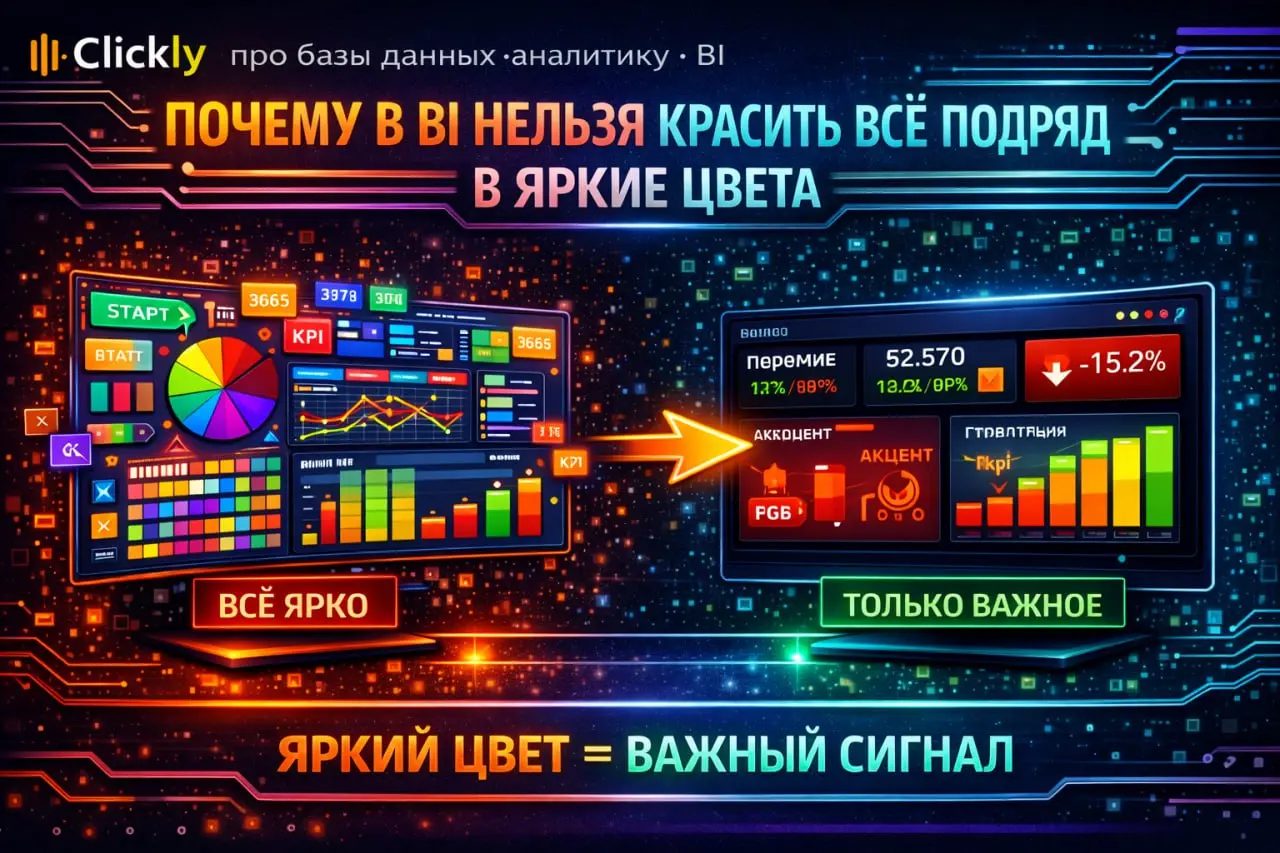 🔥 Почему в BI нельзя красить всё подряд в яркие цвета
Цвет в дашборде — это не украшение.
Это сигнал.
Когда в BI всё яркое, цвет перестаёт что-либо объяснять | Сетка — социальная сеть от hh.ru