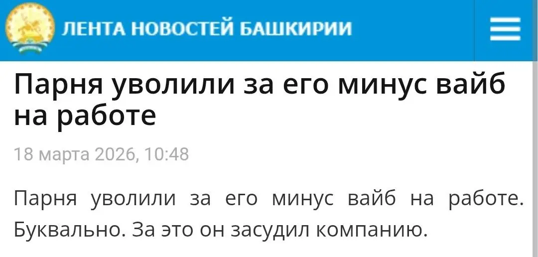 В Башкирии парня уволили за минус вайб и за это попали на деньги. Компания из Стерлитамака наняла менеджера проектов на удалёнку, но через месяц его выгнали «после вайб-чека» | Сетка — социальная сеть от hh.ru