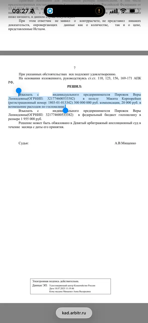 Makita Corporation выиграла суд на 300 млн рублей у ИП Веры Пирожок (Удмуртия) за то, что та продала на Ozon инструмент Makita с нарушениями закона (детали не изучал, но все открыто) | Сетка — социальная сеть от hh.ru