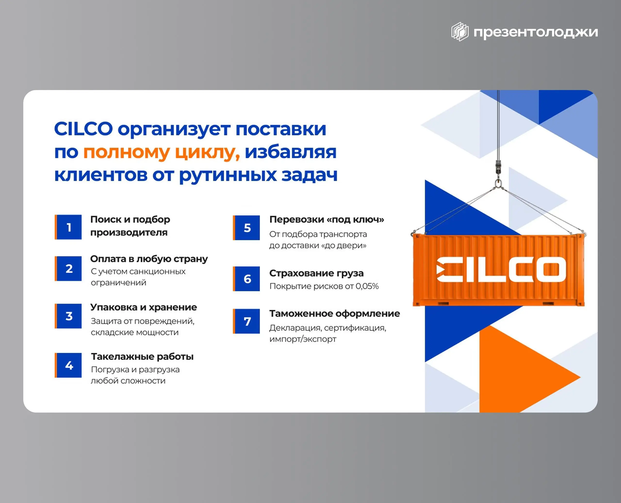 📎Как рассказать о сложной международной логистике так, чтобы хотелось сразу обсудить сотрудничество?
Для CILCO мы создали презентацию, которая превращает цифры, сложные маршруты и проектные поставки в... | Сетка — социальная сеть от hh.ru
