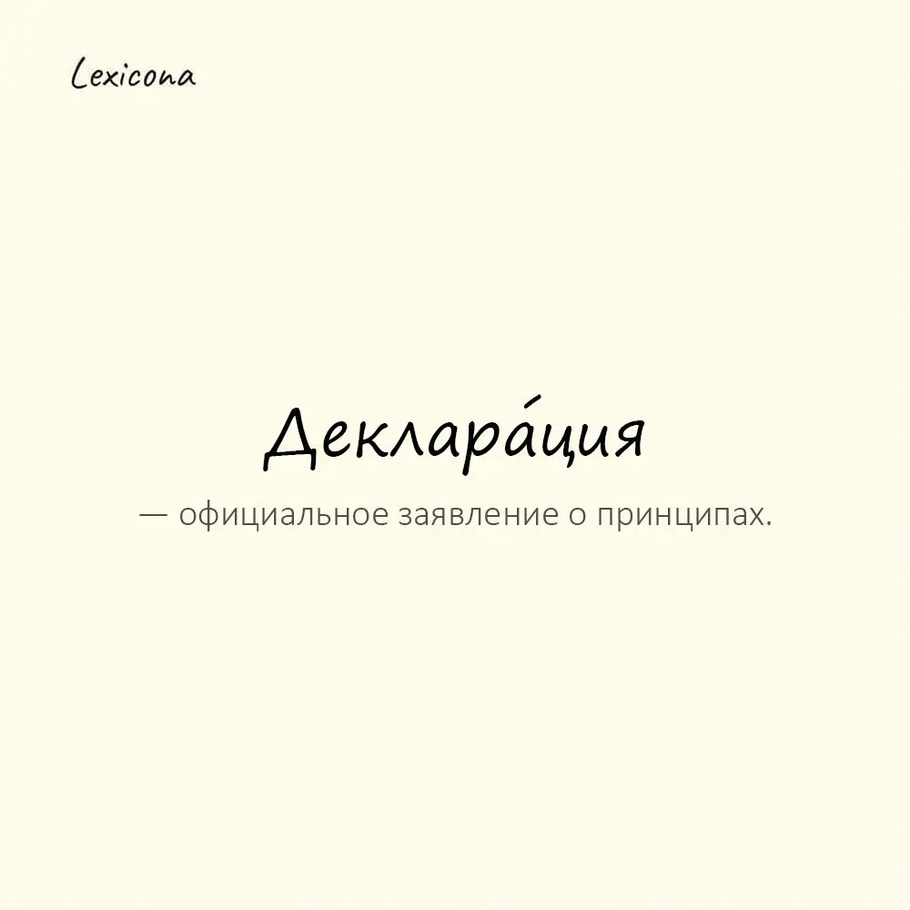 Деклара́ция — официальное заявление о принципах.
Пример употребления:
Была подписана декларация. | Сетка — социальная сеть от hh.ru