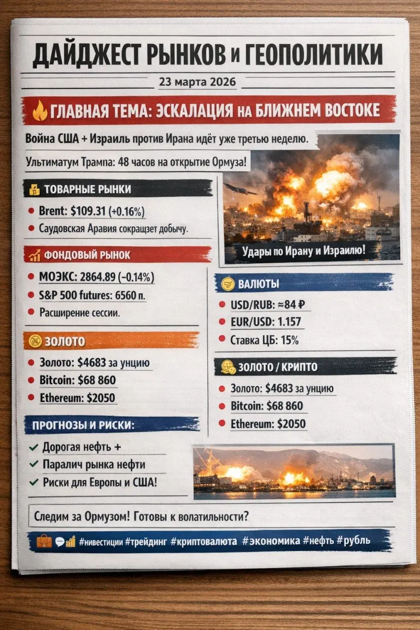 🗞️ ДАЙДЖЕСТ РЫНКОВ И ГЕОПОЛИТИКИ | 23 марта 2026
🔥 ГЛАВНАЯ ТЕМА: ЭСКАЛАЦИЯ НА БЛИЖНЕМ ВОСТОКЕ
Война США + Израиль против Ирана идёт уже третью неделю | Сетка — социальная сеть от hh.ru