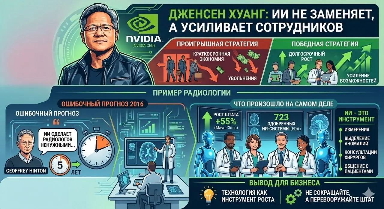 🔥 Дженсен Хуанг: увольнять сотрудников ради ИИ — проигрышная стратегия
Глава Nvidia резко раскритиковал технологических CEO, которые заменяют людей искусственным интеллектом ради краткосрочной экономи... | Сетка — социальная сеть от hh.ru