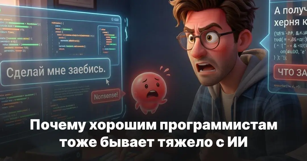 А все начиналось так красиво и лекго...
Продолжение поста
Казалось бы, кто должен лучше всех работать с ИИ? Конечно, программисты. Люди логичные, структурные, привыкшие к системности | Сетка — социальная сеть от hh.ru