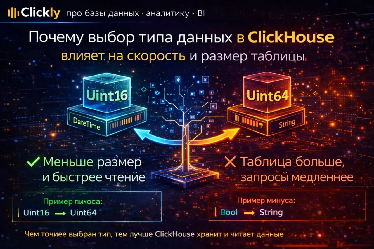 🧱 Почему выбор типа данных в ClickHouse влияет на скорость и размер таблицы
🔥 Главная мысль
В ClickHouse тип данных — это не просто формальность в DDL | Сетка — социальная сеть от hh.ru