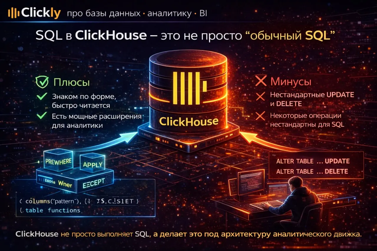🧠 SQL в ClickHouse — это не просто “обычный SQL”
🔥 Главная мысль
Когда человек приходит в ClickHouse после PostgreSQL, MySQL или MS SQL,
ему кажется, что SQL здесь будет таким же | Сетка — социальная сеть от hh.ru