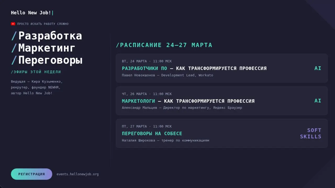 📆 Расписание стримов на эту неделю 👇
/ AI-трансформация профессий:
👉 Разработчики ПО — очень интересно поговорить, как трансформируется разработка, доверие пользователей и компаний имеет ключевое знач... | Сетка — социальная сеть от hh.ru