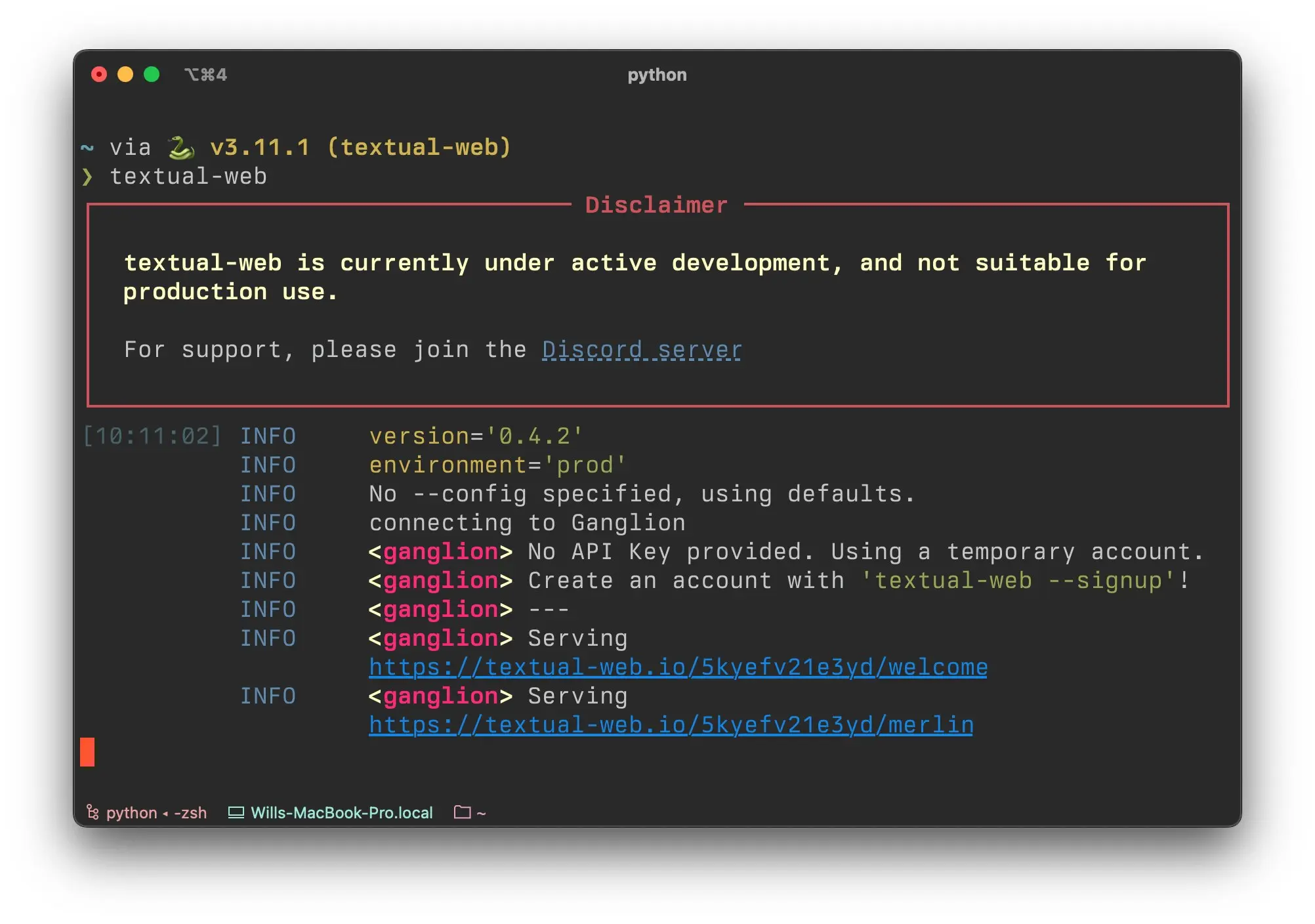textual-web
Textual Web — это инструмент, позволяющий запускать текстовые пользовательские интерфейсы (TUI) и терминалы в веб-браузере | Сетка — социальная сеть от hh.ru