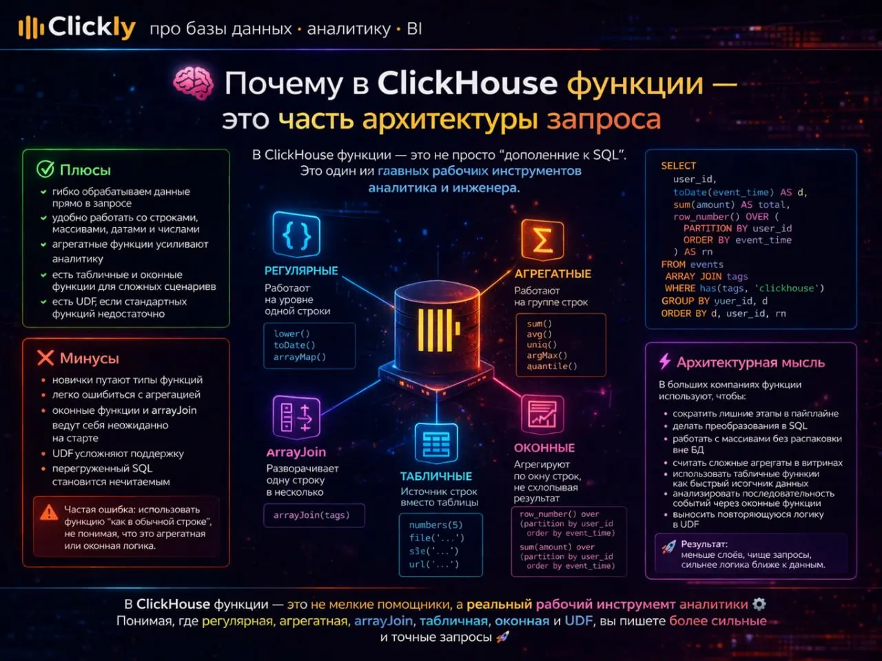 🧠 Почему в ClickHouse функции — это часть архитектуры запроса
🔥 Главная мысль
В ClickHouse функции — это не просто “дополнение к SQL” | Сетка — социальная сеть от hh.ru