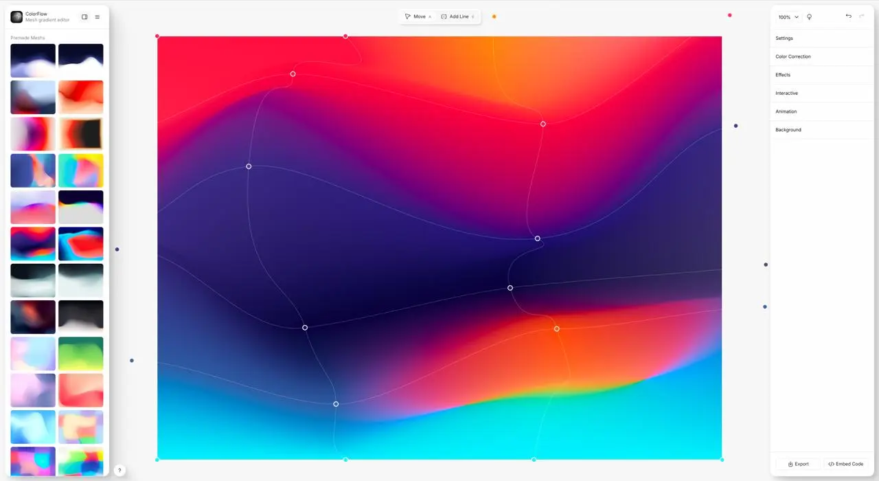 ColorFlow. Удобный онлайн-генератор меш-градиентов. Содержит много пресетов. Есть экспорт в SVG, PNG, WEBP и в код.
#Инструменты 👀 | Сетка — социальная сеть от hh.ru