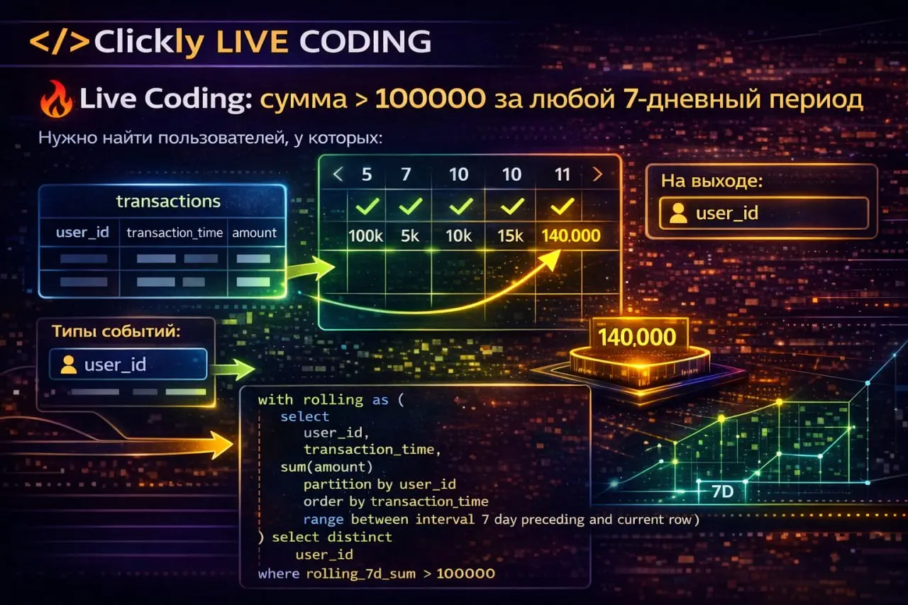 🔥 Live Coding: сумма > 100000 за любой 7-дневный период
Задача:
Есть таблица transactions:
• userid
• transactiontime
• amount
Нужно найти пользователей, у которых сумма транзакций за любой 7-дневный ... | Сетка — социальная сеть от hh.ru