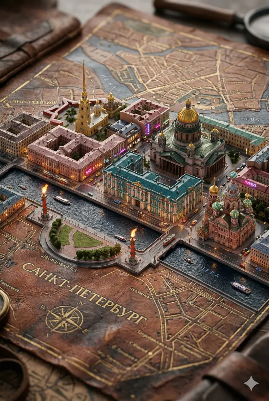 Промпт для создания такой красоты:
"A hyper-realistic 3D urban diorama emerging from a street-style map of Saint-Petersburg, Russia. The foundation is a rustic weathered leather map base | Сетка — социальная сеть от hh.ru