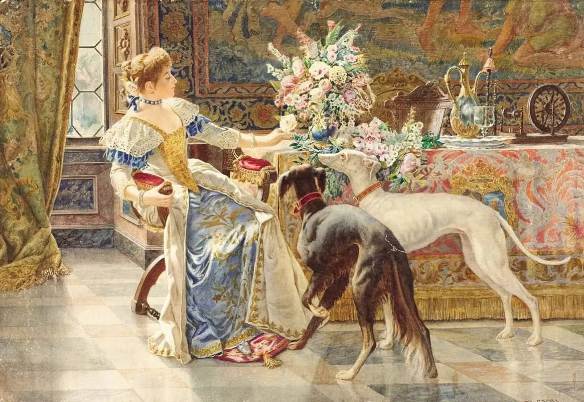 "Дама в кресле с борзыми"
Белисарио Джоя (1829 – 1906)
Картина относится к традиции салонного портрета второй половины XIX века, где важна личность модели, визуальный язык её социального статуса | Сетка — социальная сеть от hh.ru
