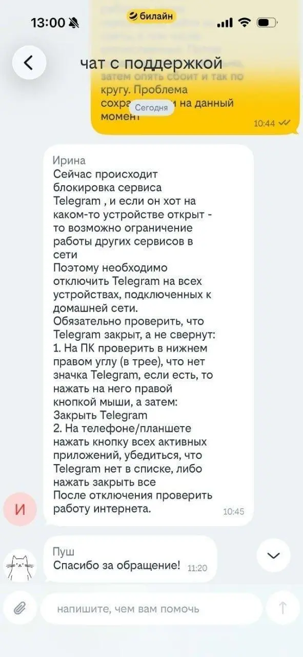 Приятно понимать, что сегодня тяжелый день выдался не у тебя
Билайн блокирует доступ к интернету если у вас запущен Телеграм — так пользователю ответили в поддержке | Сетка — социальная сеть от hh.ru