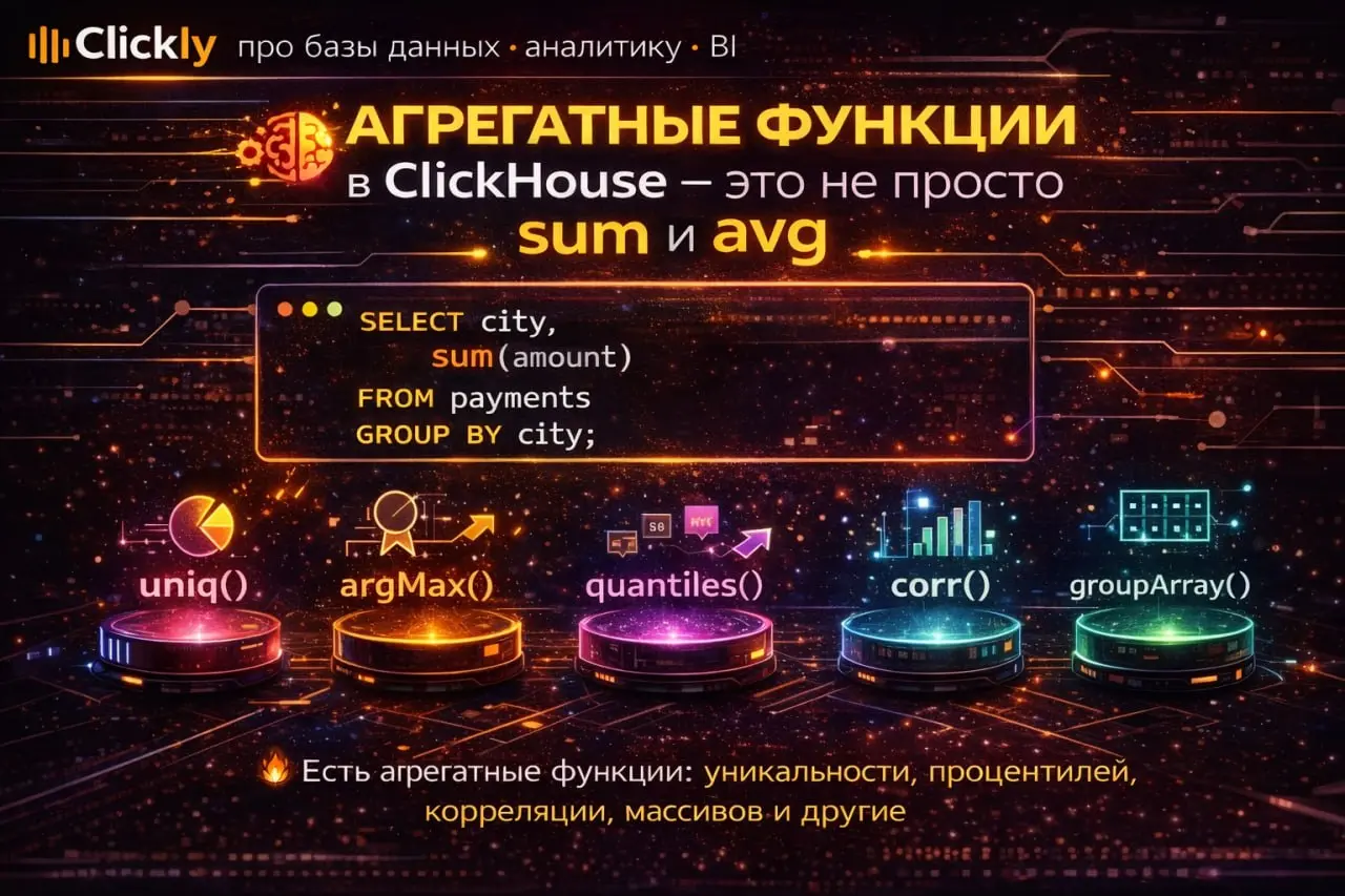 📊 Агрегатные функции в ClickHouse — это не просто sum и avg
🔥 Главная мысль
Когда говорят “агрегатные функции”,
многие вспоминают только:
• sum()
• avg()
• count()
Но в ClickHouse мир агрегатных функц... | Сетка — социальная сеть от hh.ru