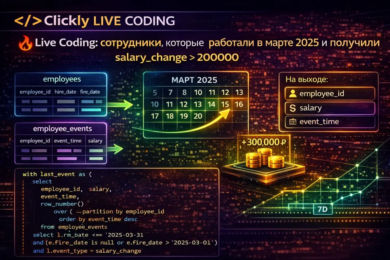 🔥 Live Coding: сотрудники, которые работали в марте 2025 и получили salarychange > 200000
Задача:
Есть 2 таблицы | Сетка — социальная сеть от hh.ru