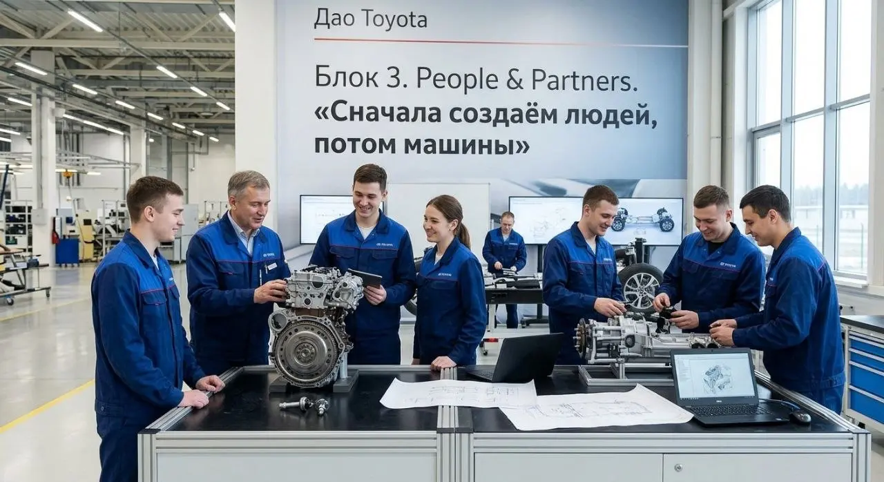 Дао Toyota. Блок 3.
People & Partners.
«Сначала создаём людей, потом машины»
В Toyota есть фраза, которую повторяют на всех уровнях компании «Прежде чем создавать автомобили мы создаём людей» | Сетка — социальная сеть от hh.ru