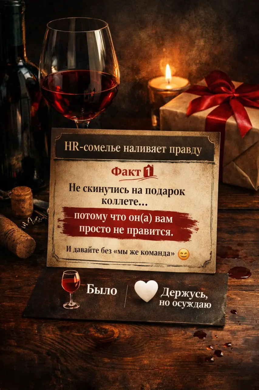 HR-сомелье наливает правду 🍷
Факт 1️⃣
Не скинулись на подарок коллеге…
потому что он(а) вам просто не нравится | Сетка — социальная сеть от hh.ru
