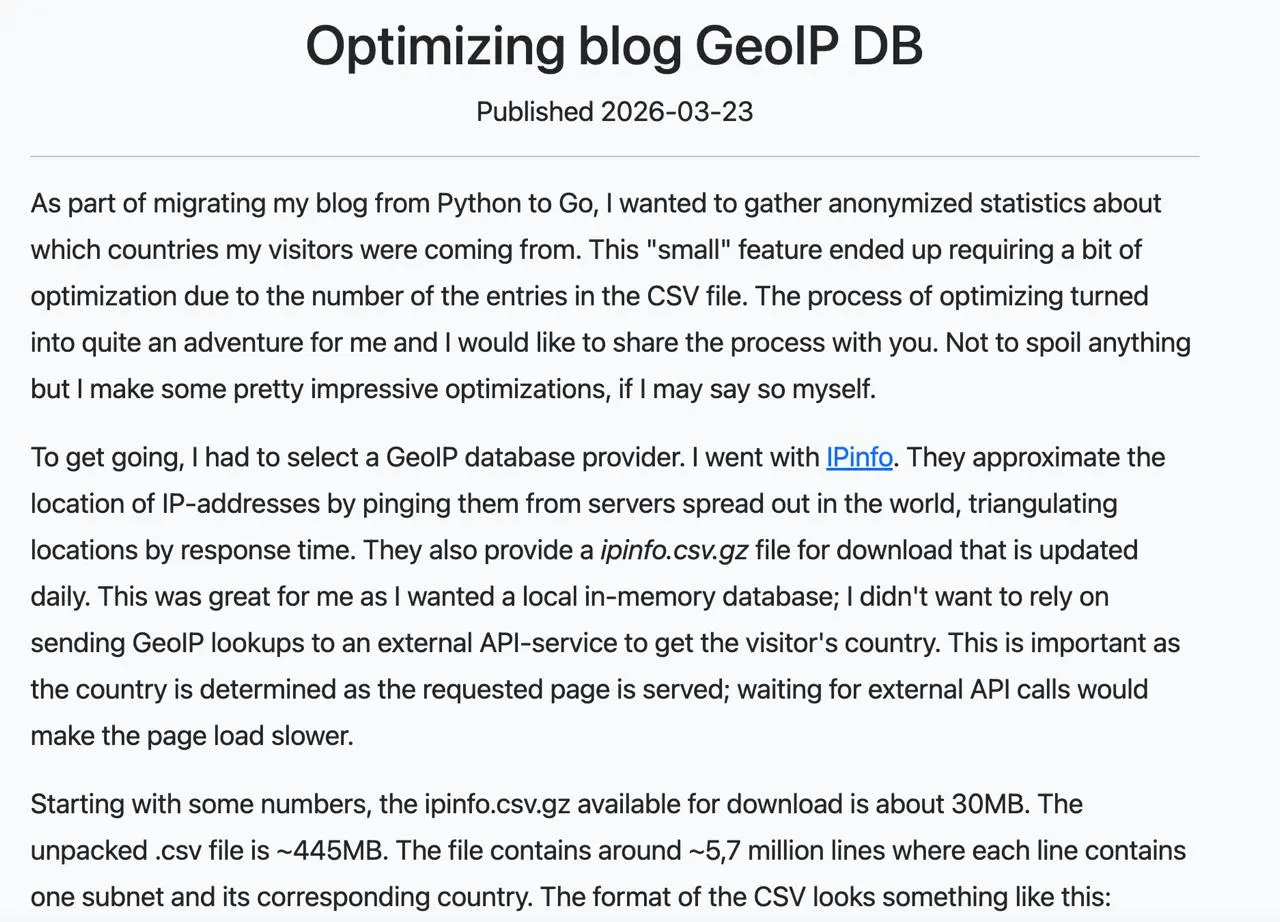 👣 Как ускорить работу GeoIP в Go
Интересный разбор оптимизации базы GeoIP для сервиса, написанного на Go
В статье показано:
• как уменьшить размер базы
• как ускорить lookup IP
• работа с памятью и ке... | Сетка — социальная сеть от hh.ru