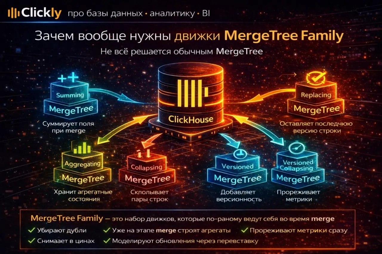 🌲 Зачем вообще нужны движки MergeTree Family
🔥 Главная мысль
Многие думают так:
есть MergeTree,
значит этого уже достаточно для всех задач.
Но на практике обычный MergeTree —
это только база | Сетка — социальная сеть от hh.ru
