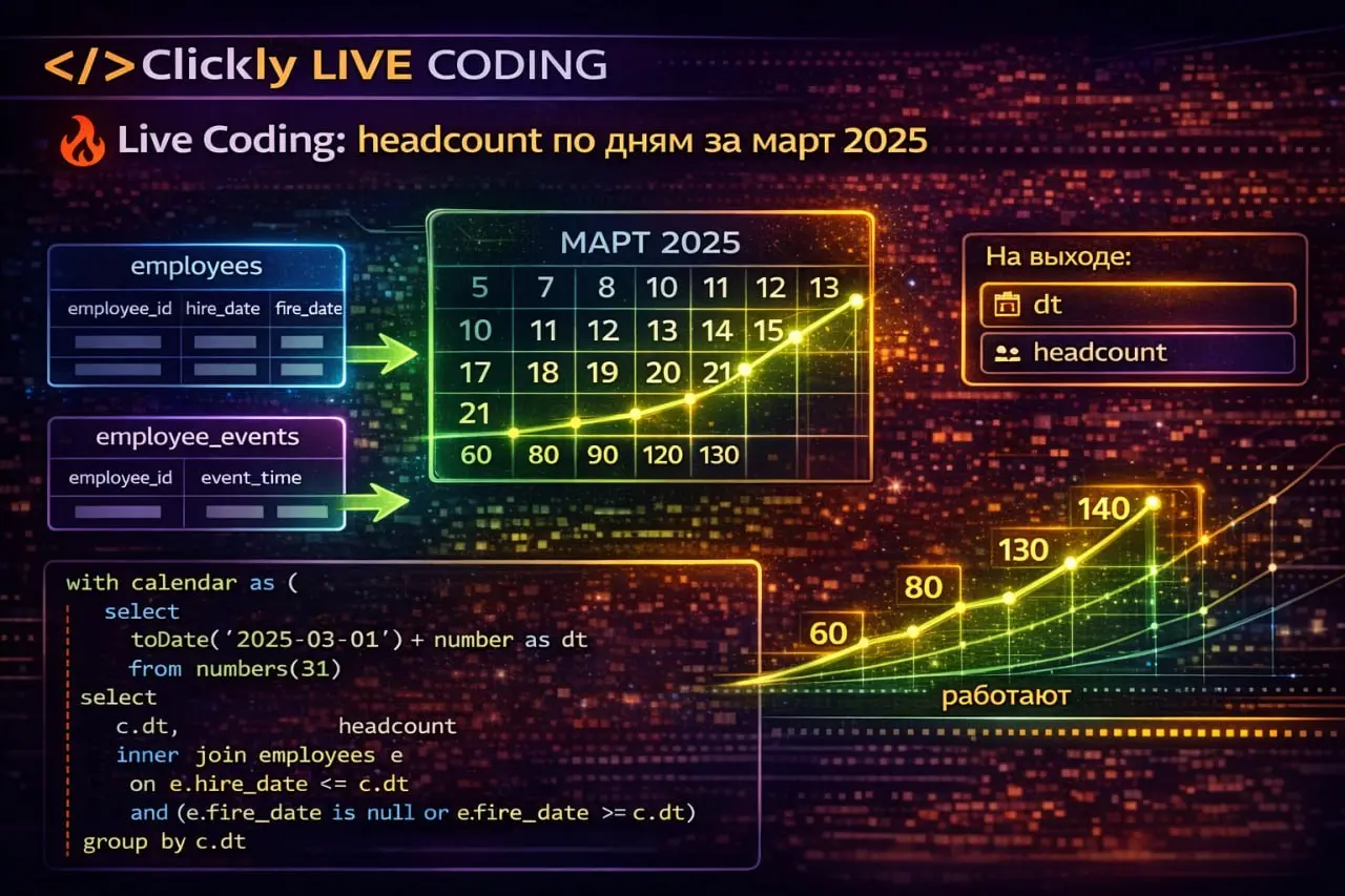 🔥 Live Coding: headcount по дням за март 2025
Задача:
Есть таблица employees:
• employeeid
• hiredate
• firedate
Нужно посчитать количество активных сотрудников на каждый день марта 2025 | Сетка — социальная сеть от hh.ru