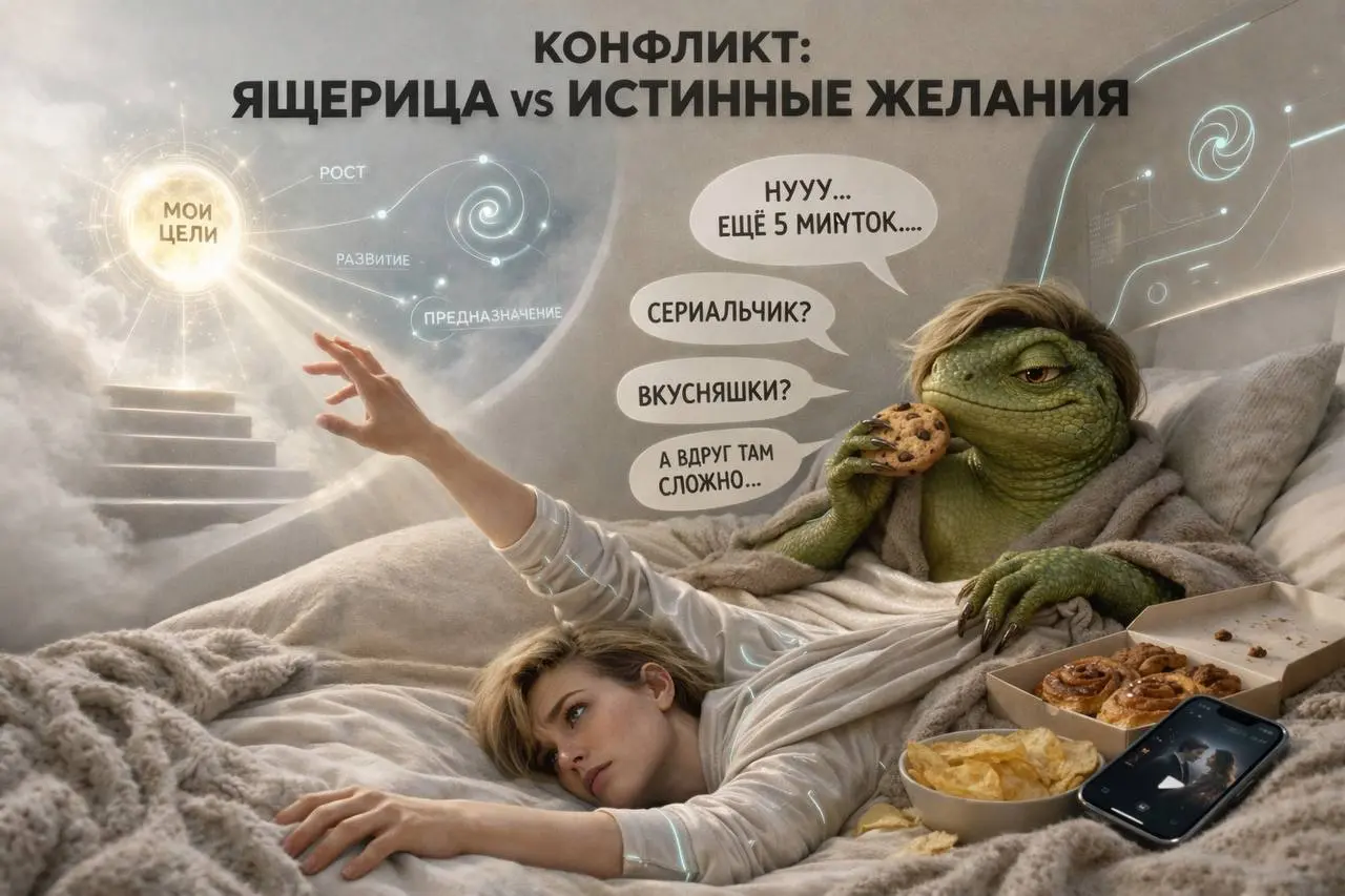 Конфликт: Ящерица vs Истиные желания
Я часто говорю — делай только то, что хочется.
И тут в комнату тихо заходит подвох…
в тапочках… с печенькой… и ложится с тобой «на 5 минут» | Сетка — социальная сеть от hh.ru