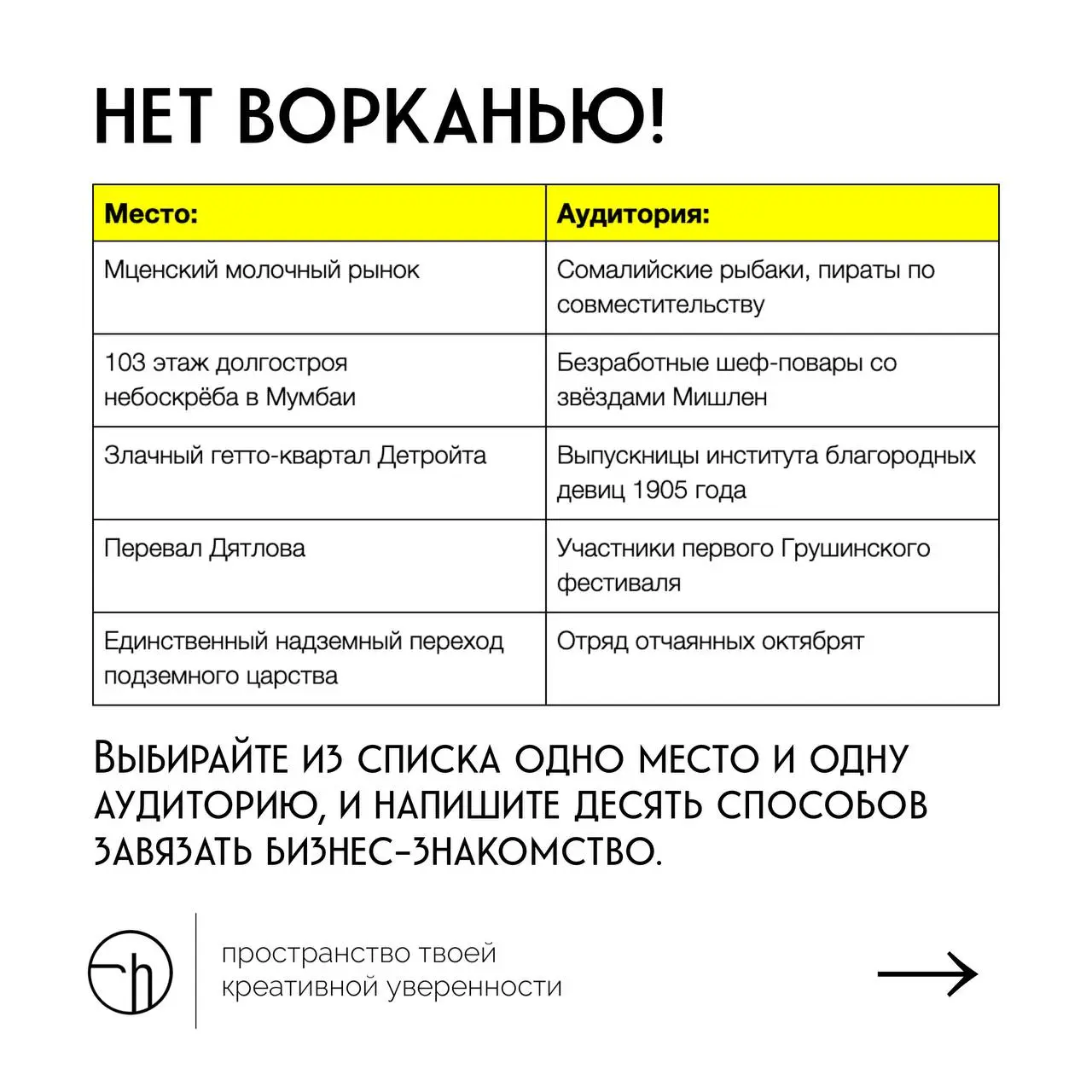 Челлендж какбыпренёров, день пятый. Пишите идеи в комментариях, продержитесь сегодня, и ваша неуверенность пройдёт. Потому что завтра суббота.
#10идейвдень by @creativehappens | Сетка — социальная сеть от hh.ru