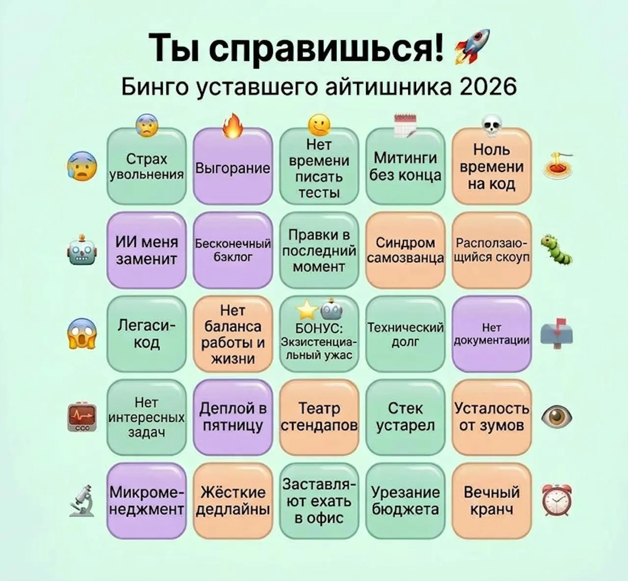 сегодня пятница, и мы играем в бинго!! причем не в обычное, а специальное бинго уставших айтишников 🤪
расскажите, сколько у вас совпало? | Сетка — социальная сеть от hh.ru