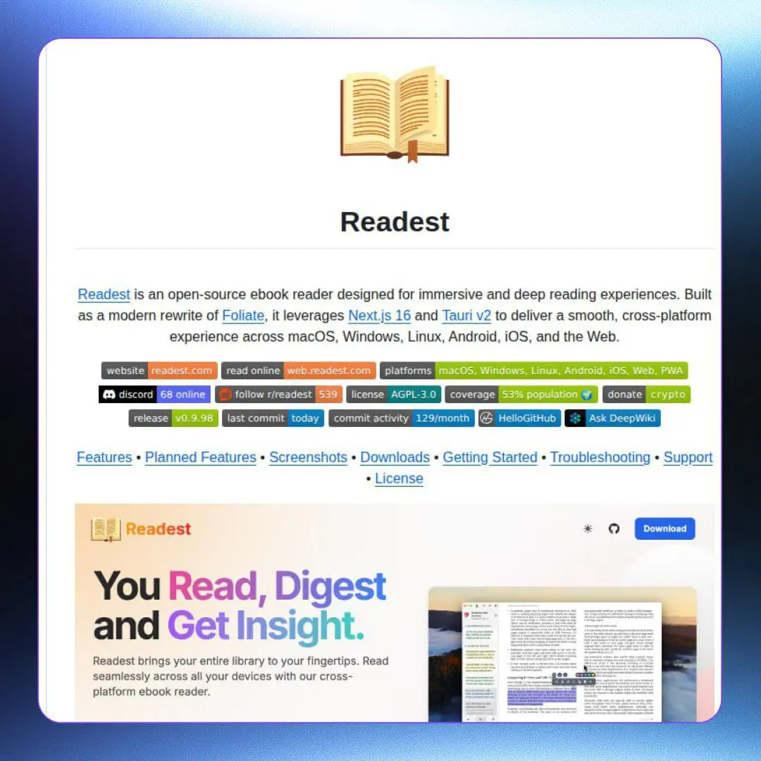 📚ОТ ЧТЕНИЯ НЕ ХОЧЕТСЯ СПАТЬ
Вышла Readest — лучшая open-source читалка для «глубокого и иммерсивного чтения»🎯
▌ Что под капотом?
• 📖 Форматы без границ: EPUB, MOBI, FB2, CBZ, TXT + PDF (эксперименталь... | Сетка — социальная сеть от hh.ru