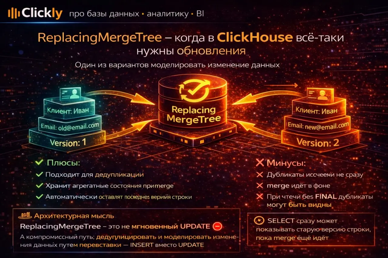 ♻️ ReplacingMergeTree — когда в ClickHouse всё-таки нужны обновления
🔥 Главная мысль
ClickHouse не любит классические UPDATE.
Но это не значит,
что в нём вообще нельзя моделировать изменение данных | Сетка — социальная сеть от hh.ru