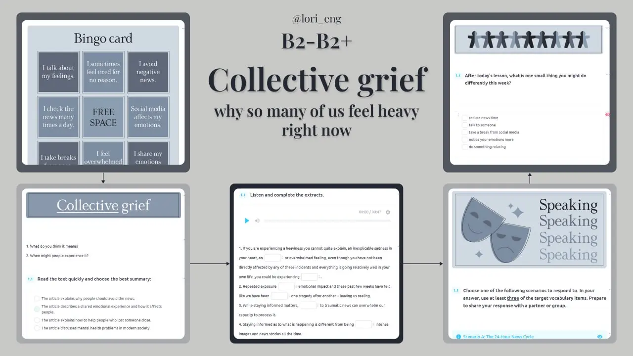 Collective grief
B2/B2+
На повестке дня - коллективное чувство безысходности на почве мировой нестабильности. В общем, тема, с которой можно идти к психологу | Сетка — социальная сеть от hh.ru