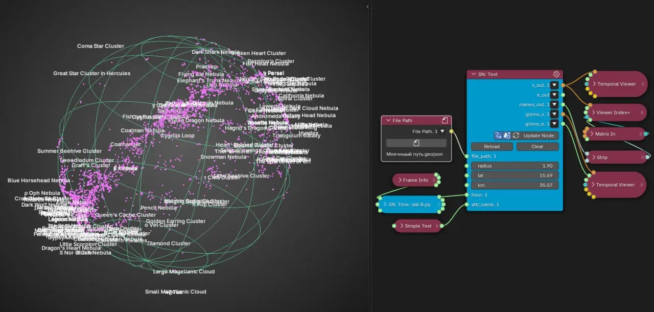 Тему планетария не забросил 😏 пробный запуск) Карту млечного пути вывел из КГис и передал в созданный скриптовой узел #Sverchok #Blender Получается интерактивненько) | Сетка — социальная сеть от hh.ru