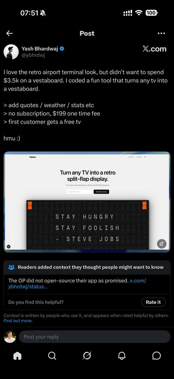 Будущее вайбкодинга наступило
Yash запрограммировал (а скорее всего, навайбкодил) приложение и начал продавать его за 199$.
Wayne увидел цену, и за час повторил приложение и выложил его уже бесплатно | Сетка — социальная сеть от hh.ru