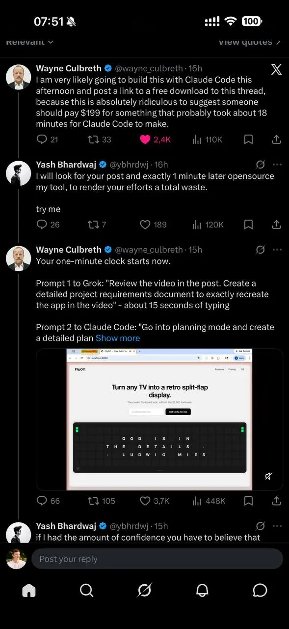 Будущее вайбкодинга наступило
Yash запрограммировал (а скорее всего, навайбкодил) приложение и начал продавать его за 199$.
Wayne увидел цену, и за час повторил приложение и выложил его уже бесплатно | Сетка — социальная сеть от hh.ru