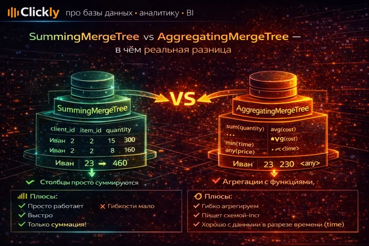 📊 SummingMergeTree vs AggregatingMergeTree — в чём реальная разница
🔥 Главная мысль
На первый взгляд кажется,
что оба движка нужны для агрегации | Сетка — социальная сеть от hh.ru