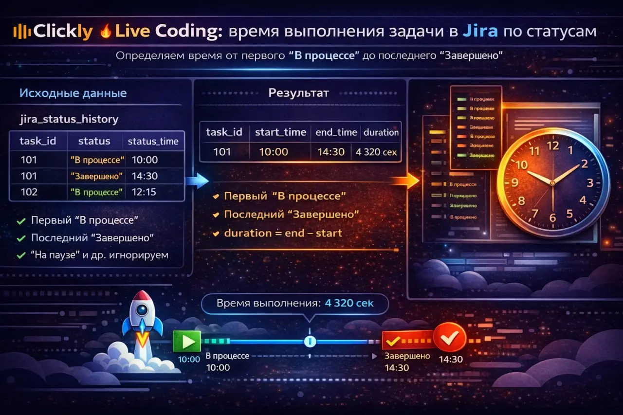 🔥 Live Coding: время выполнения задачи в Jira по статусам
Задача:
Есть таблица jirastatushistory:
• taskid
• status
• statustime
Нужно для каждой задачи посчитать время выполнения | Сетка — социальная сеть от hh.ru