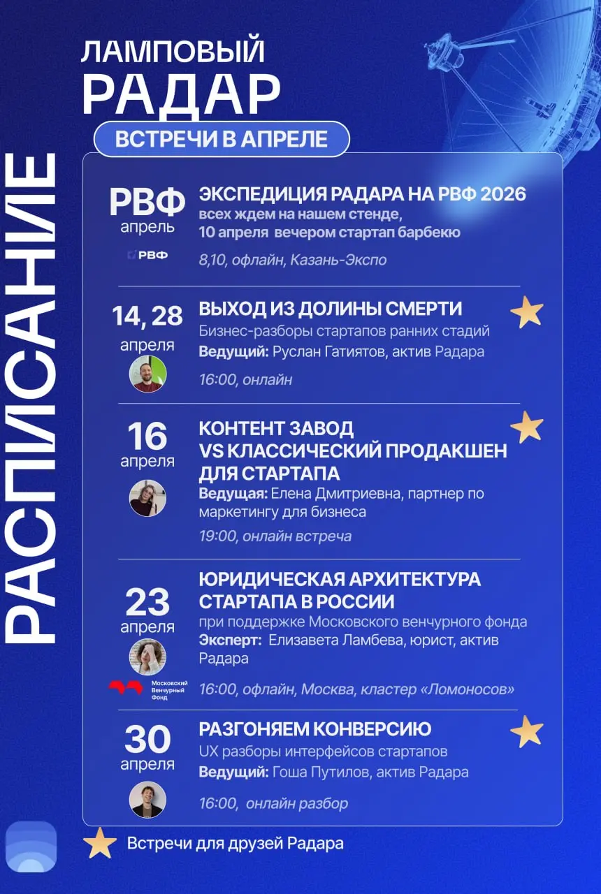 ⚡️Апрель – календарь мероприятий сообщества Product Radar
В апреле команда Радара едет в большую экспедицию — покорять Российский Венчурный Форум | Сетка — социальная сеть от hh.ru