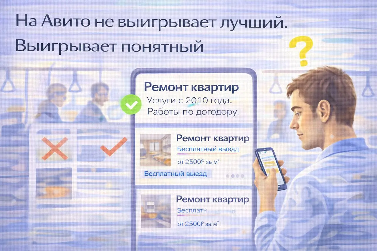На Авито не выигрывает лучший. Выигрывает понятный
Это ключевая вещь, которую многие не понимают
Клиент не анализирует рынок глубоко | Сетка — социальная сеть от hh.ru
