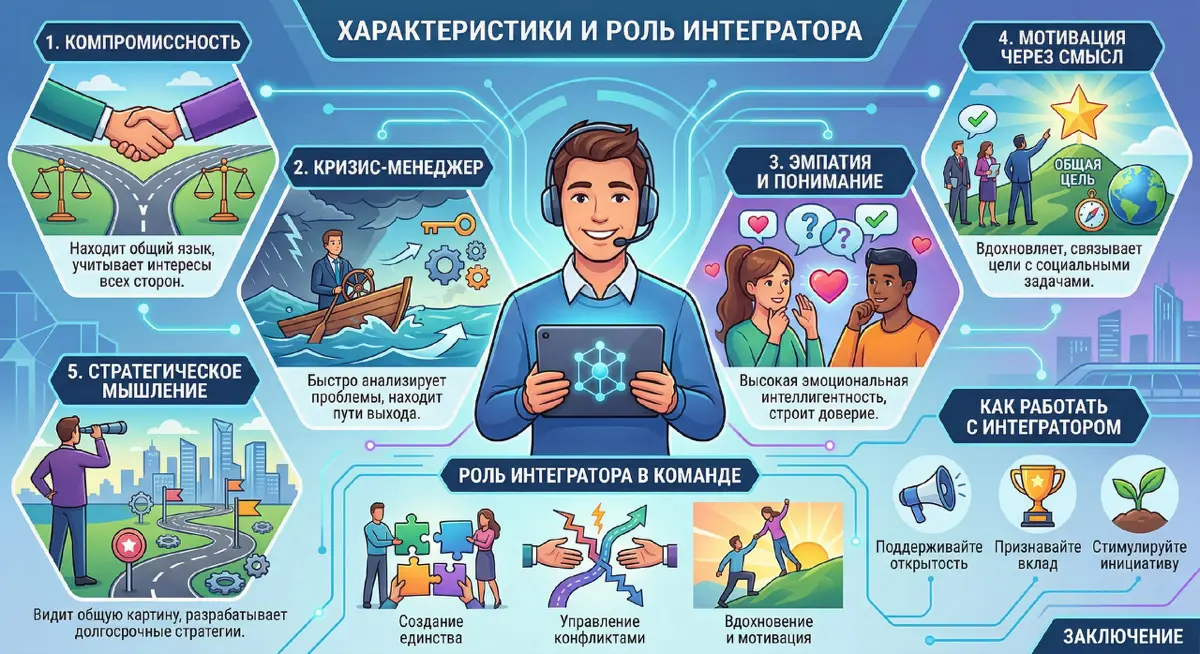 Типология личности
Характеристики ИНТЕГРАТОРА
1. Компромиссность:
   – Интеграторы обладают уникальной способностью находить общий язык с разными людьми и группами | Сетка — социальная сеть от hh.ru