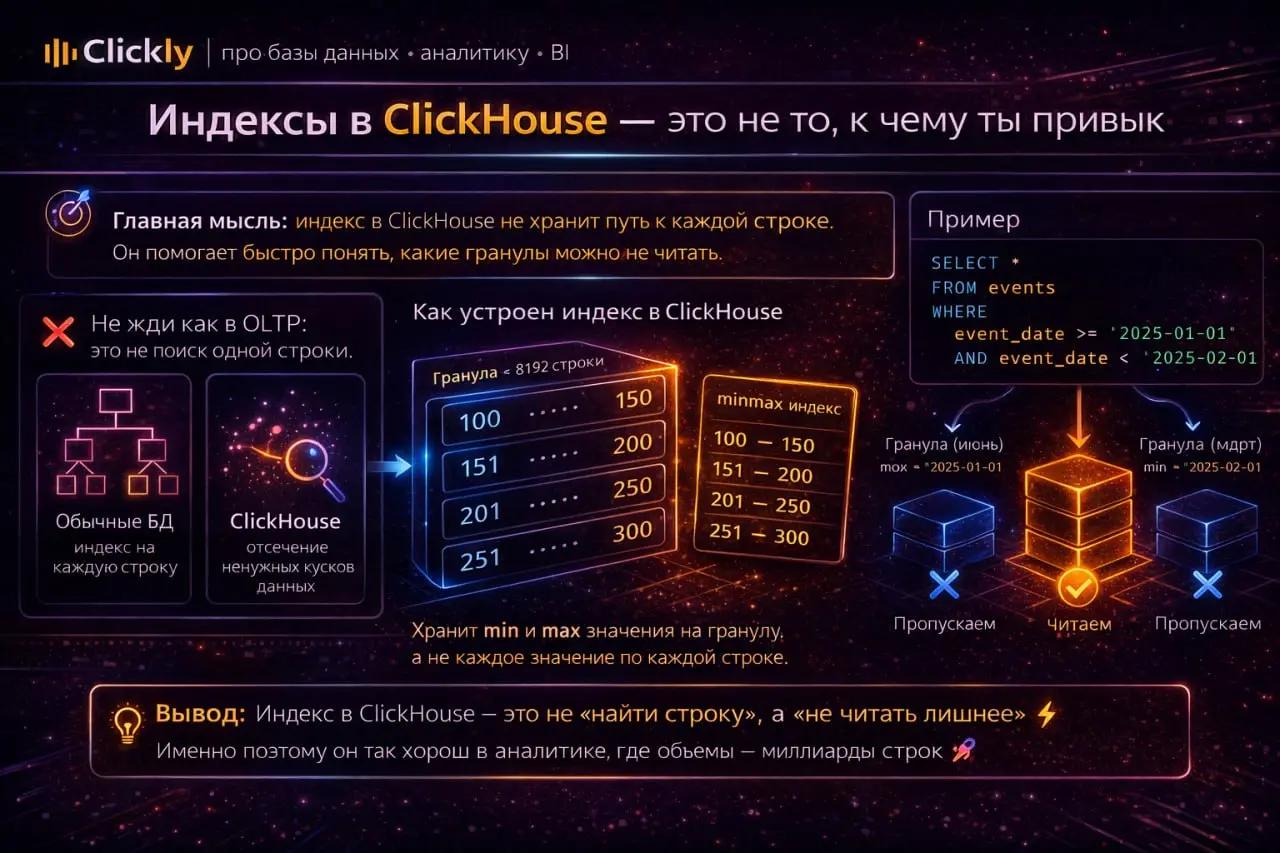 🧭 Индексы в ClickHouse — это не то, к чему ты привык
🔥 Главная мысль
Очень частая ошибка новичков —
думать, что индекс в ClickHouse работает как в классической OLTP-базе | Сетка — социальная сеть от hh.ru