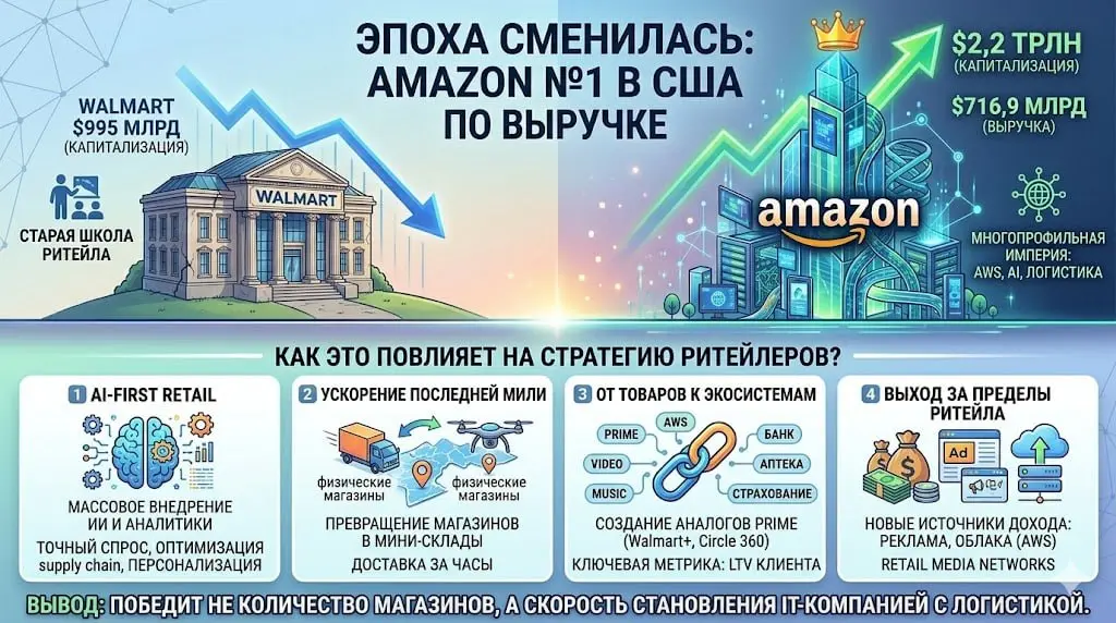 Amazon обогнала Walmart по годовой выручке и стала крупнейшей компанией США
В 1994 году Джефф Безос основал Amazon как онлайн-магазин книг | Сетка — социальная сеть от hh.ru