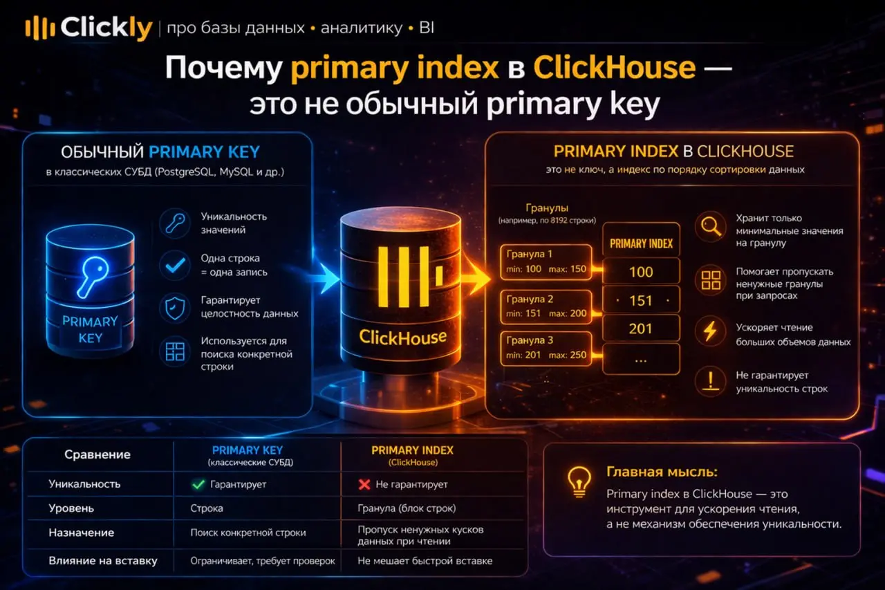 🧭 Почему primary index в ClickHouse — это не обычный primary key
🔥 Главная мысль
Очень частая ошибка —
переносить мышление из PostgreSQL, MySQL или MS SQL в ClickHouse | Сетка — социальная сеть от hh.ru
